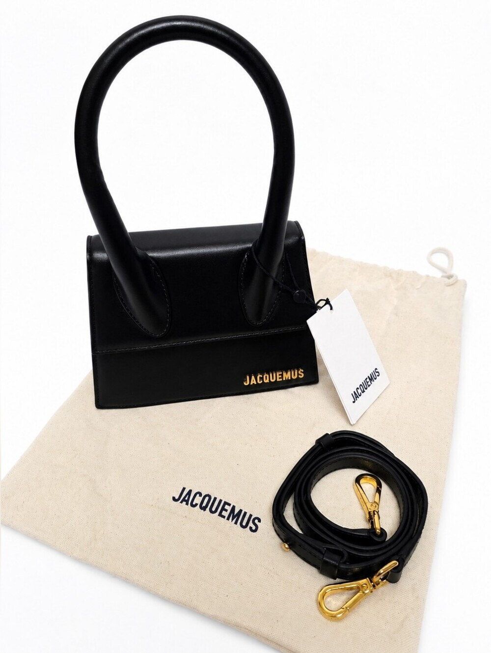Jacquemus Le Chiquito Moyen Black Leather Top Handle Bag w/ Strap Dust Bag NWT